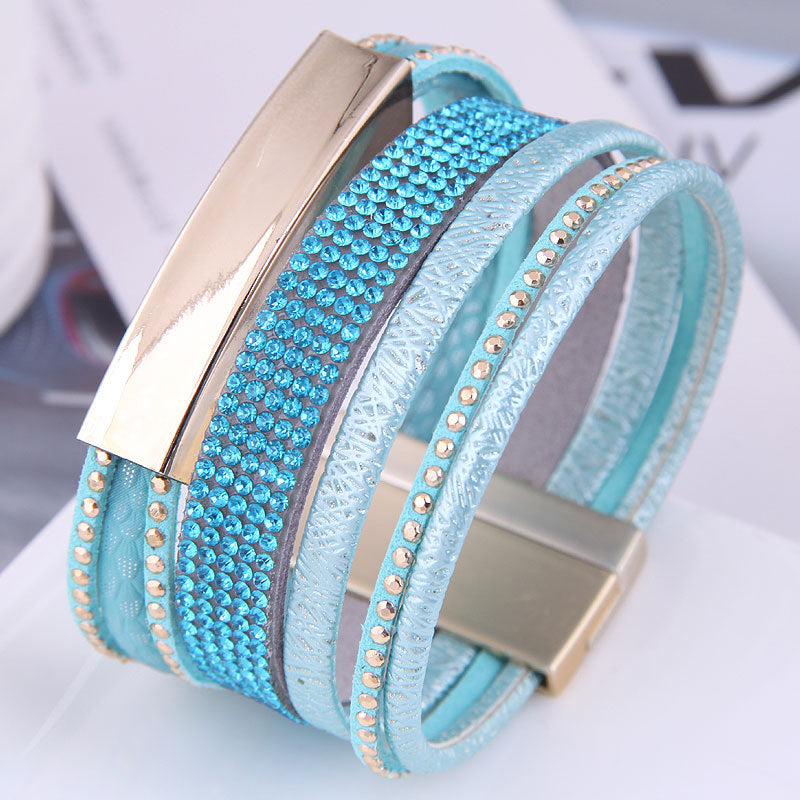 Wholesale Diamond Studded Leather Magnet Alloy Bracelet